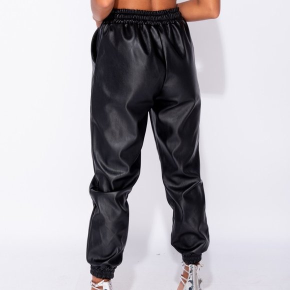 Black Faux Leather Vegan Leather High Waist Loose Fit Joggers Jogger Pants - Picture 5 of 10